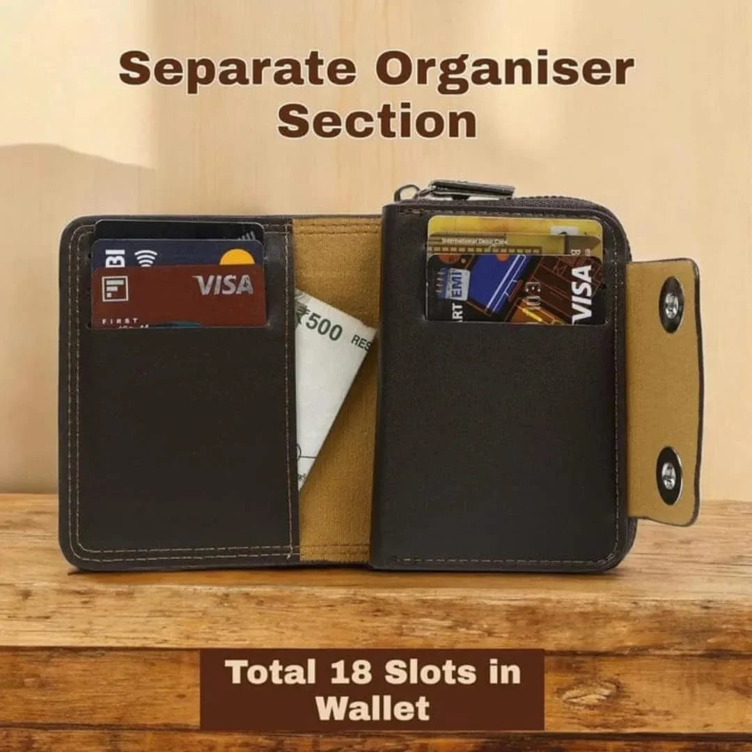 Black wallet with card slots and cash pocket on a wooden surface, text indicating 'Separate Organiser Section' and 'Total 18 Slots in Wallet'.