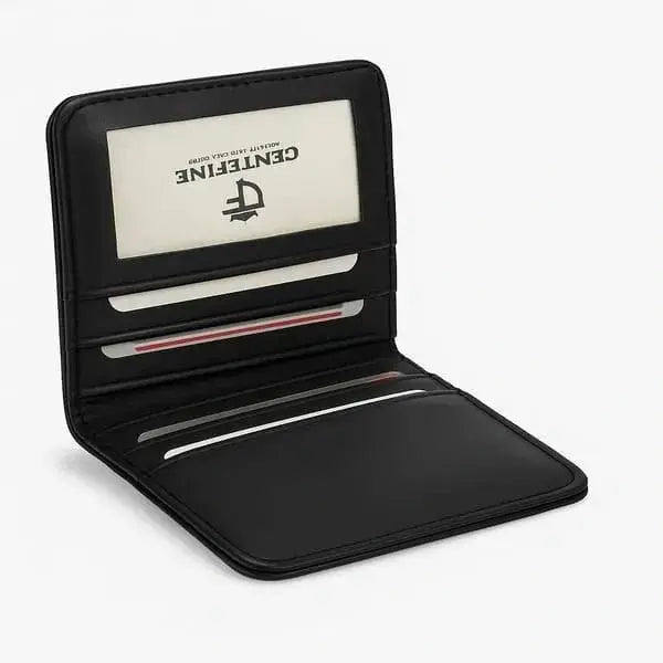 Black leather wallet with a card holder on a white background