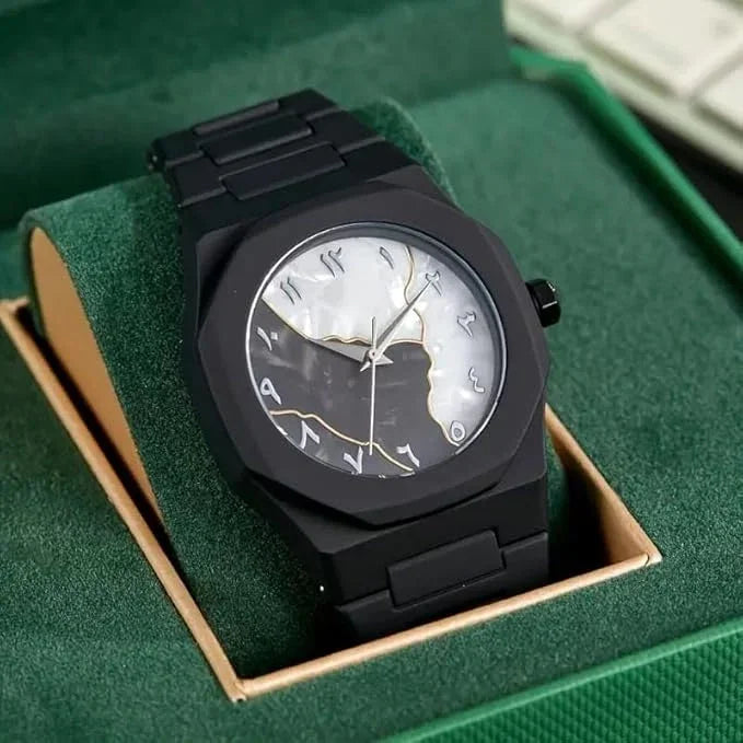 Black wristwatch with a unique face design in a green box