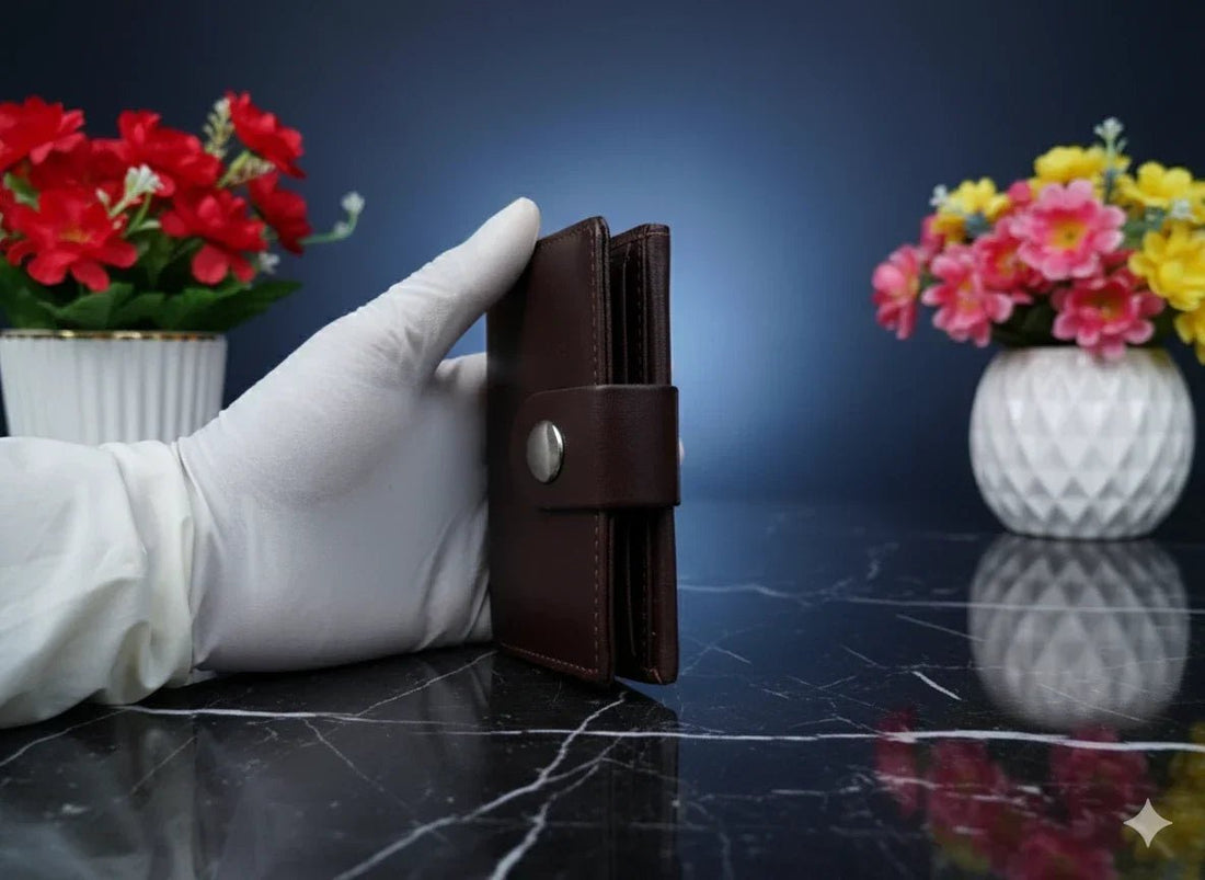 Brown leather wallet with a metallic clasp on a dark marble surface with two vases of flowers.