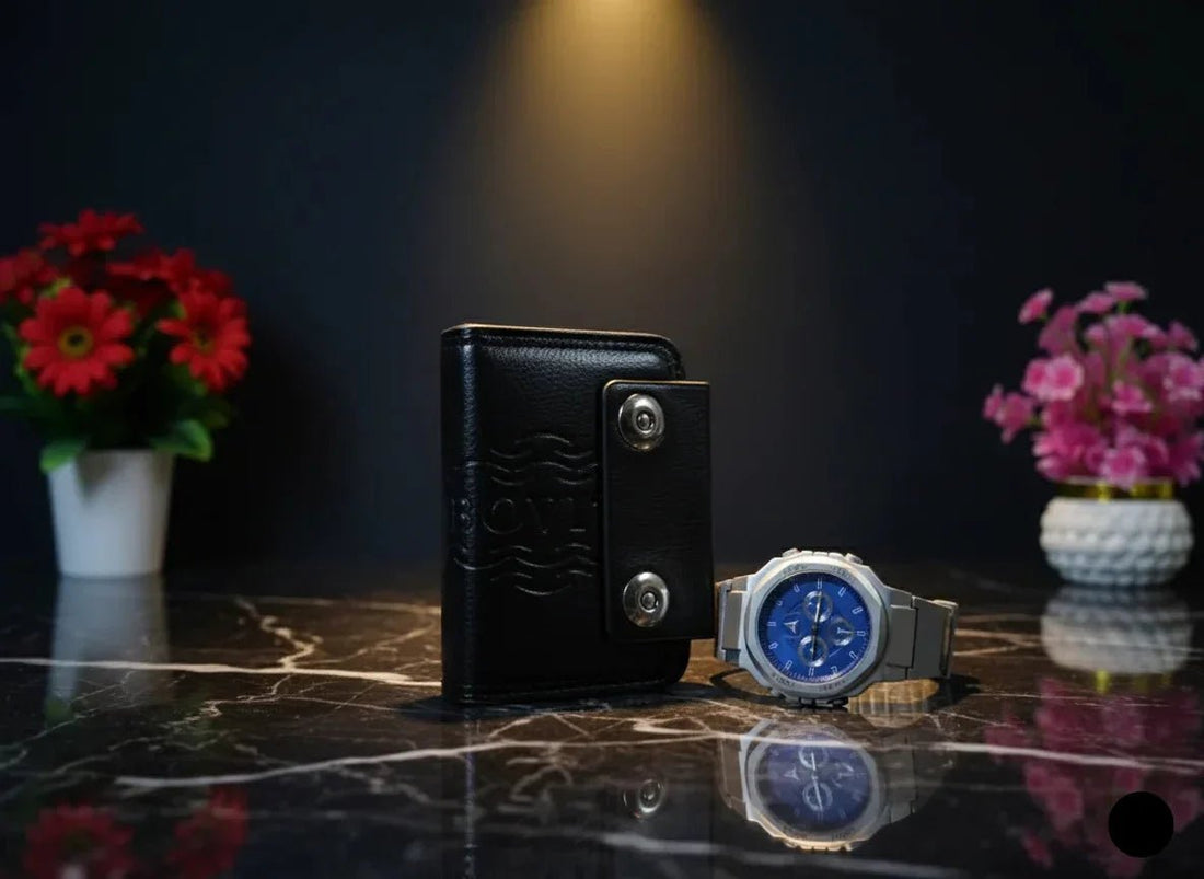 Brown leather wallet and silver watch on a reflective surface with flowers in the background
