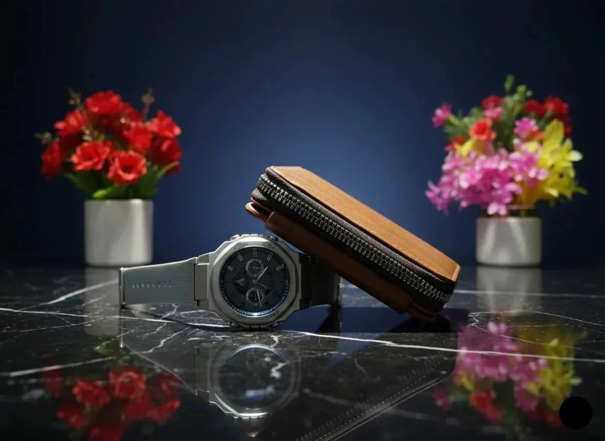 Smartwatch on a reflective surface with flowers in the background