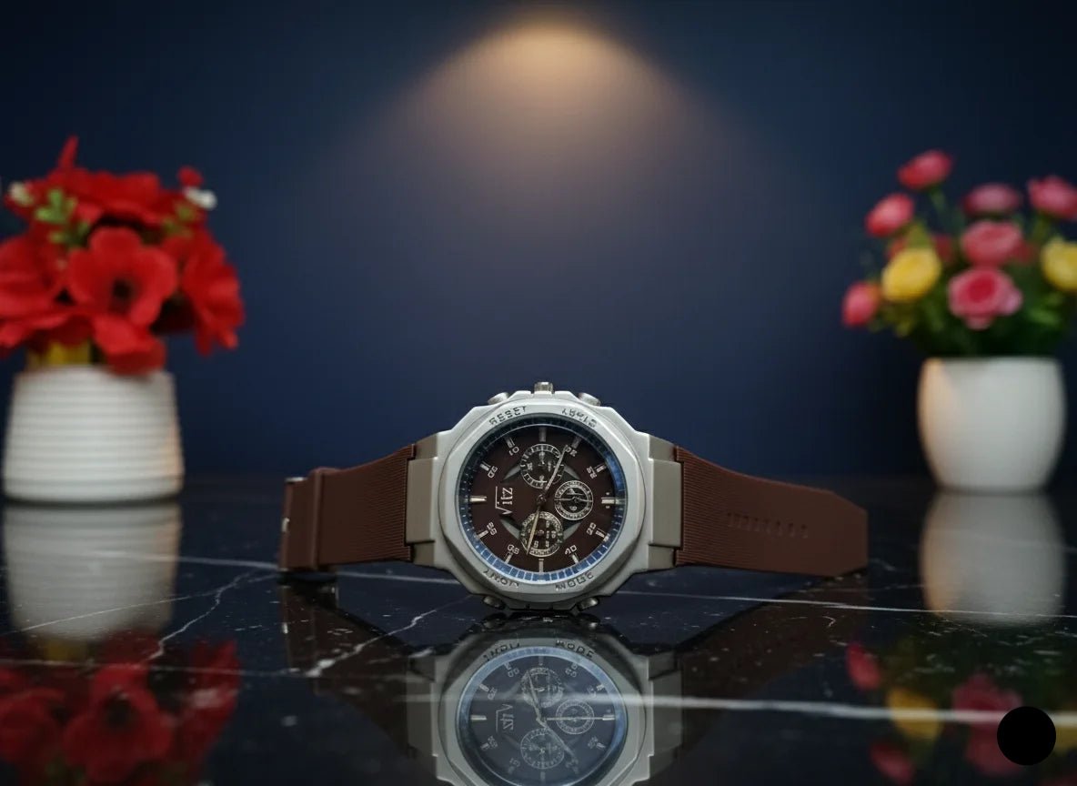 Luxury watch with brown leather strap on a reflective surface with flowers in the background