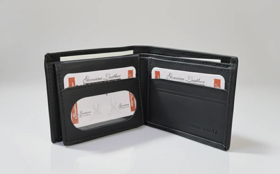 Black leather wallet with card slots on a white background