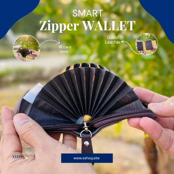 Smart zipper wallet held by a hand with outdoor background