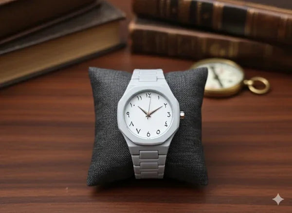 Silver watch on a gray cushion with books in the background