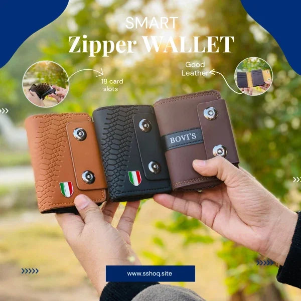 Three smart zipper wallets in different colors held by a person with a blurred green background