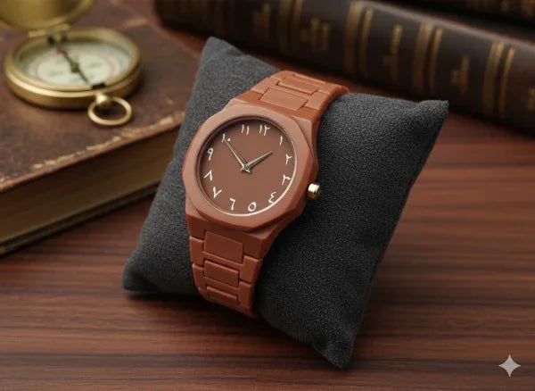 Brown wooden watch on a black cushion with books in the background