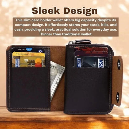 Slim card holder wallet with cards and money on a wooden surface, featuring text about its design and functionality.