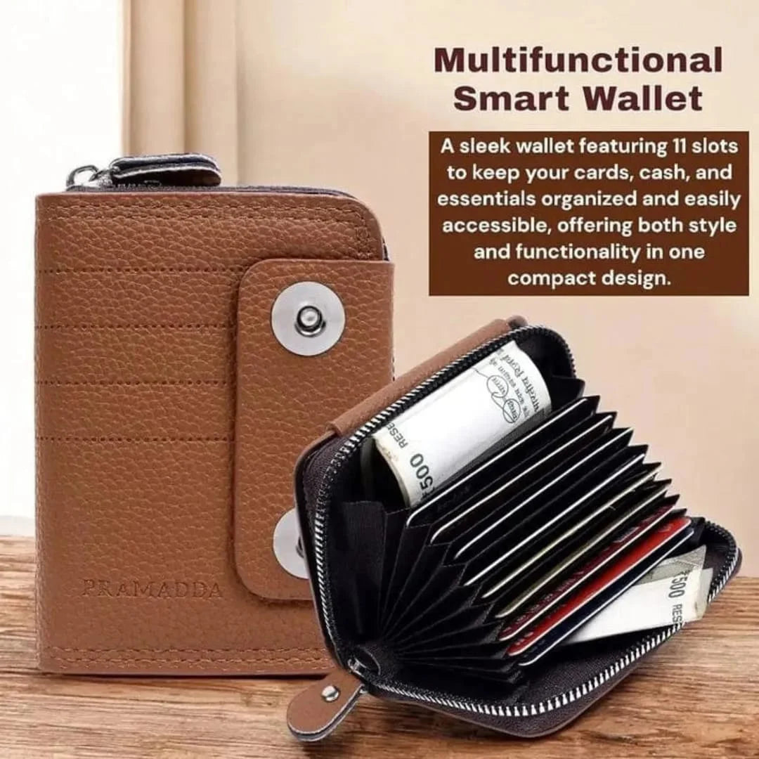 Brown multifunctional smart wallet with open section showing cards and money on a wooden surface.