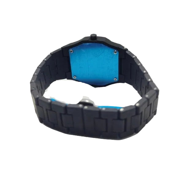 Black and blue watch on a white background