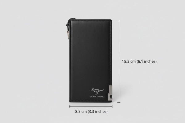 Black wallet with dimensions labeled on a light gray background