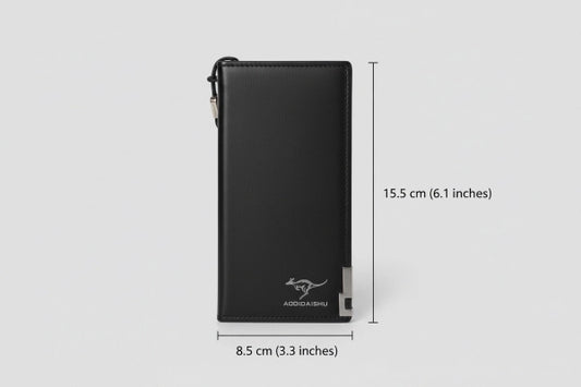 Black wallet with dimensions labeled on a light gray background