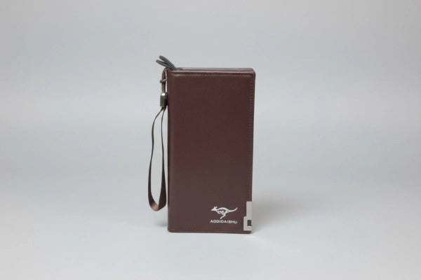 Brown leather wallet with a strap on a white background