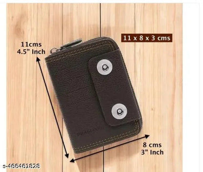 Brown leather wallet with measurements on a wooden surface