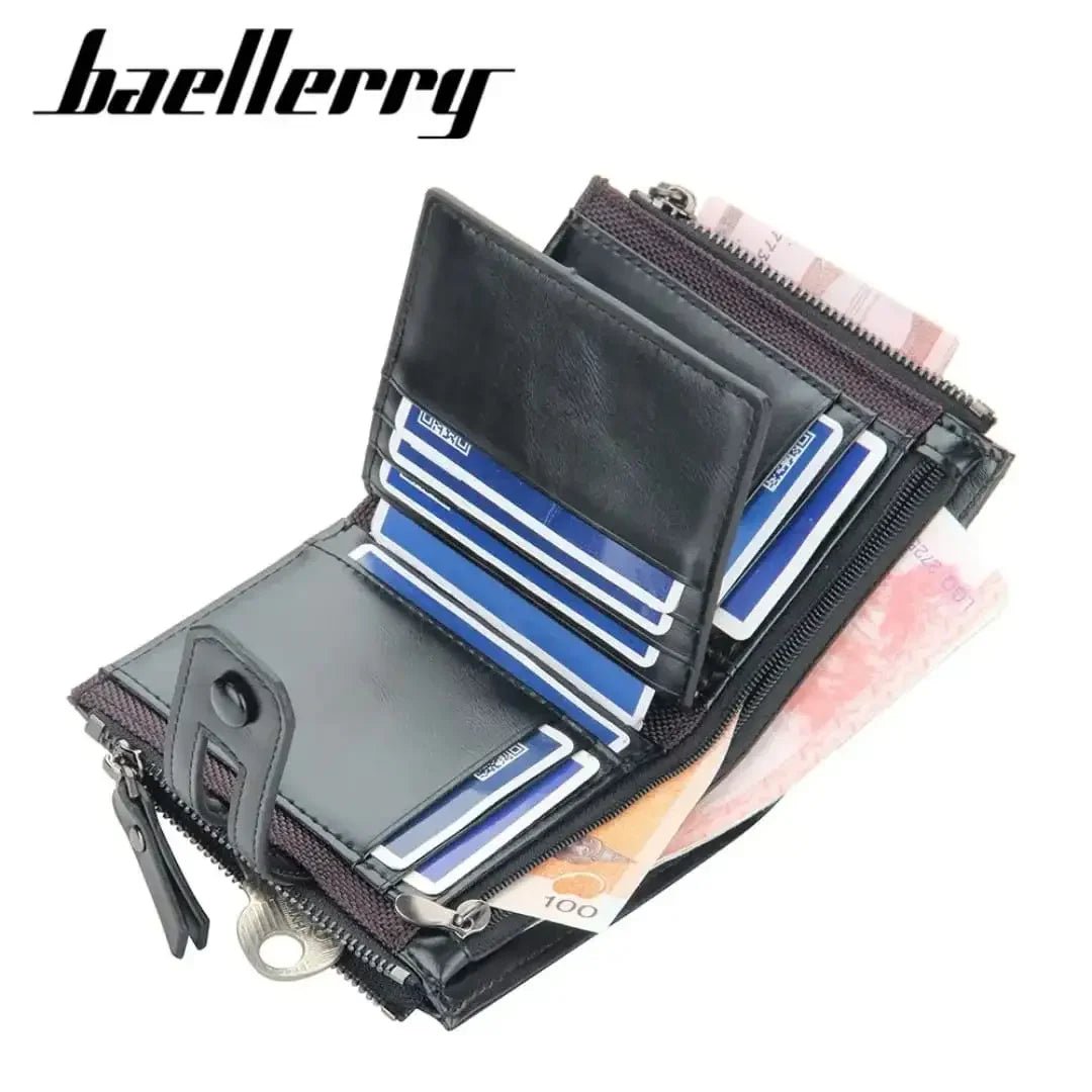 Black wallet with card slots and currency on a white background, featuring the brand 'baellerry'.