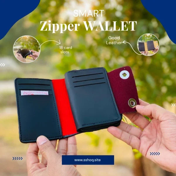 Smart zipper wallet with 18 card slots held by hands against a blurred natural background