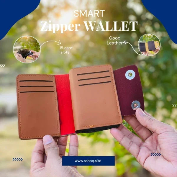 Smart zipper wallet with multiple card slots held by hands against a blurred green background