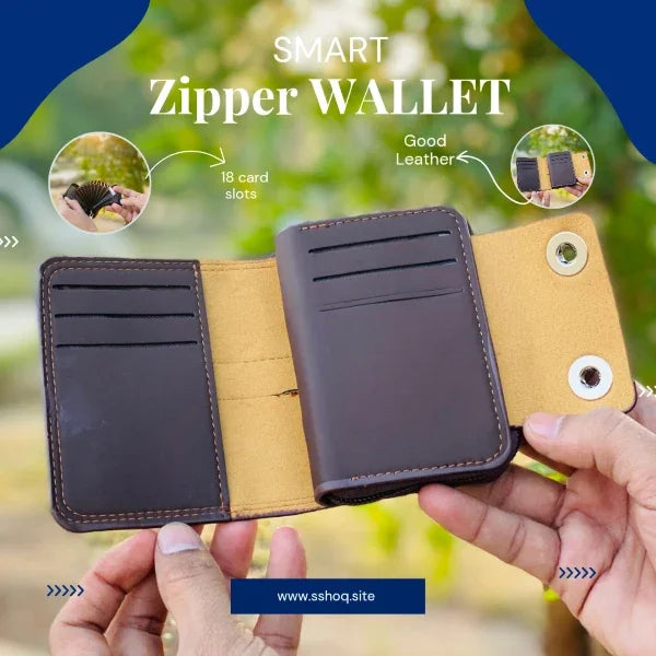Smart zipper wallet held by hands with greenery in the background