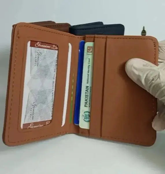 Brown leather wallet with cards and documents on a white background