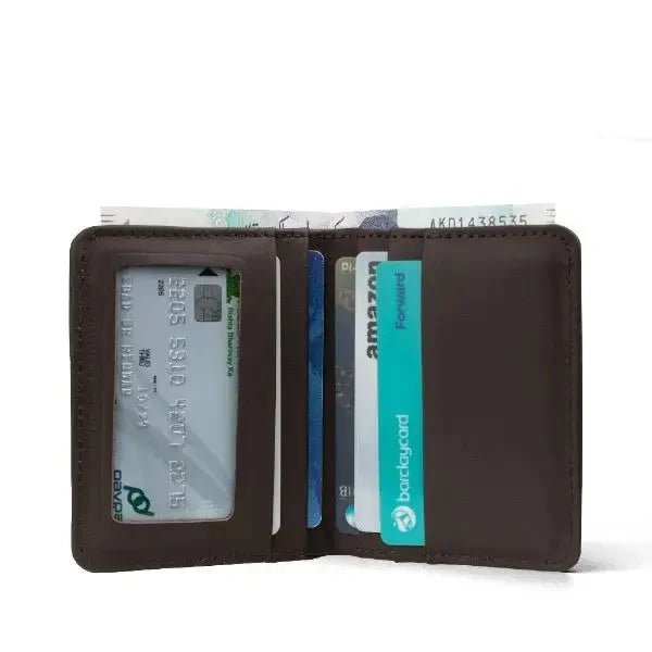 Three leather wallets in brown, black, and brown with a textured pattern held by gloved hands against a light gray background.