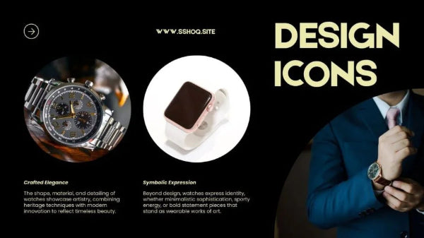 Promotional image for a watch brand with text about design icons and watches.