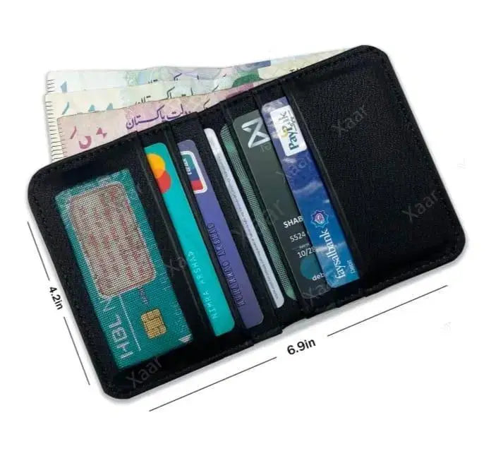 Black cardholder with various cards inside, dimensions indicated on a white background