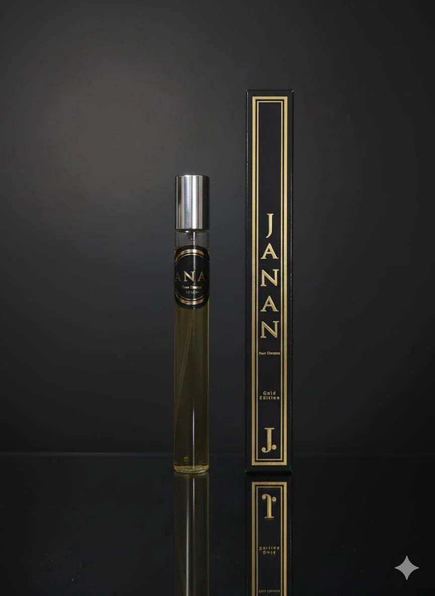 Perfume bottle and packaging with 'JANAN' branding on a dark background