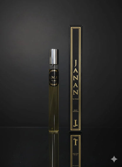 Perfume bottle and packaging with 'JANAN' branding on a dark background