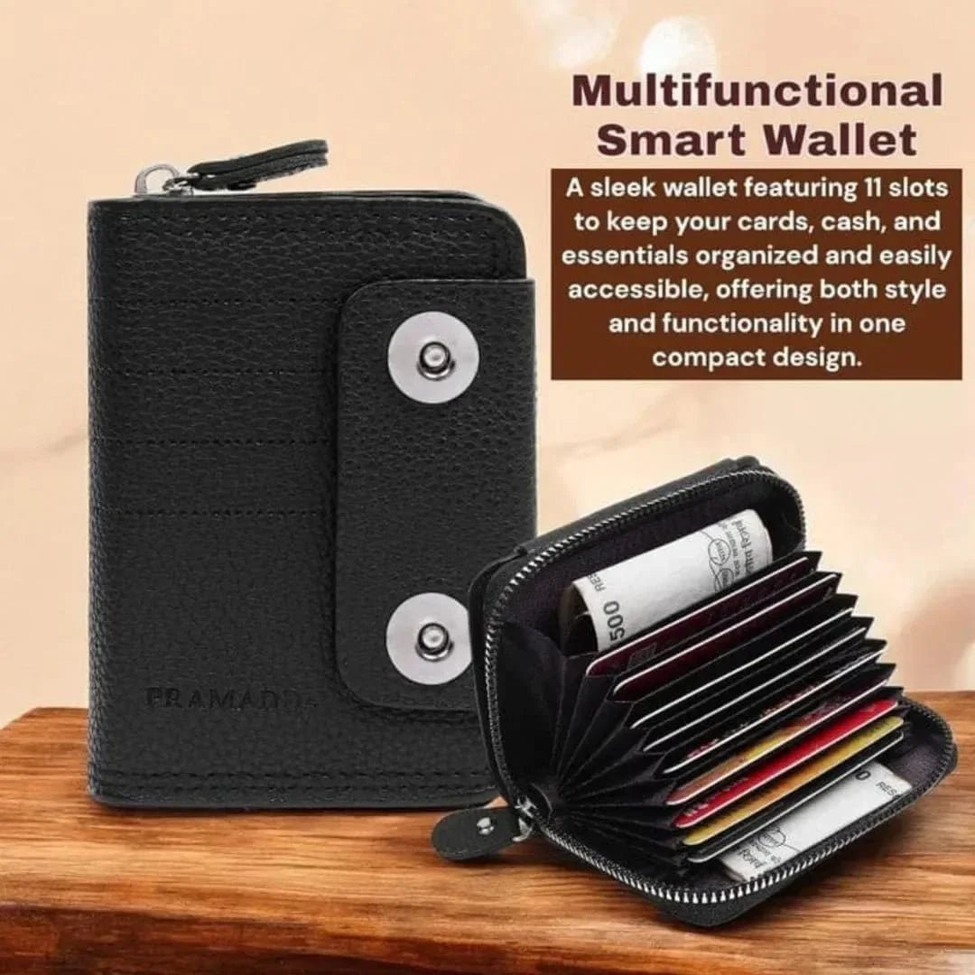 Black multifunctional smart wallet with open view showing cards and cash on a wooden surface.